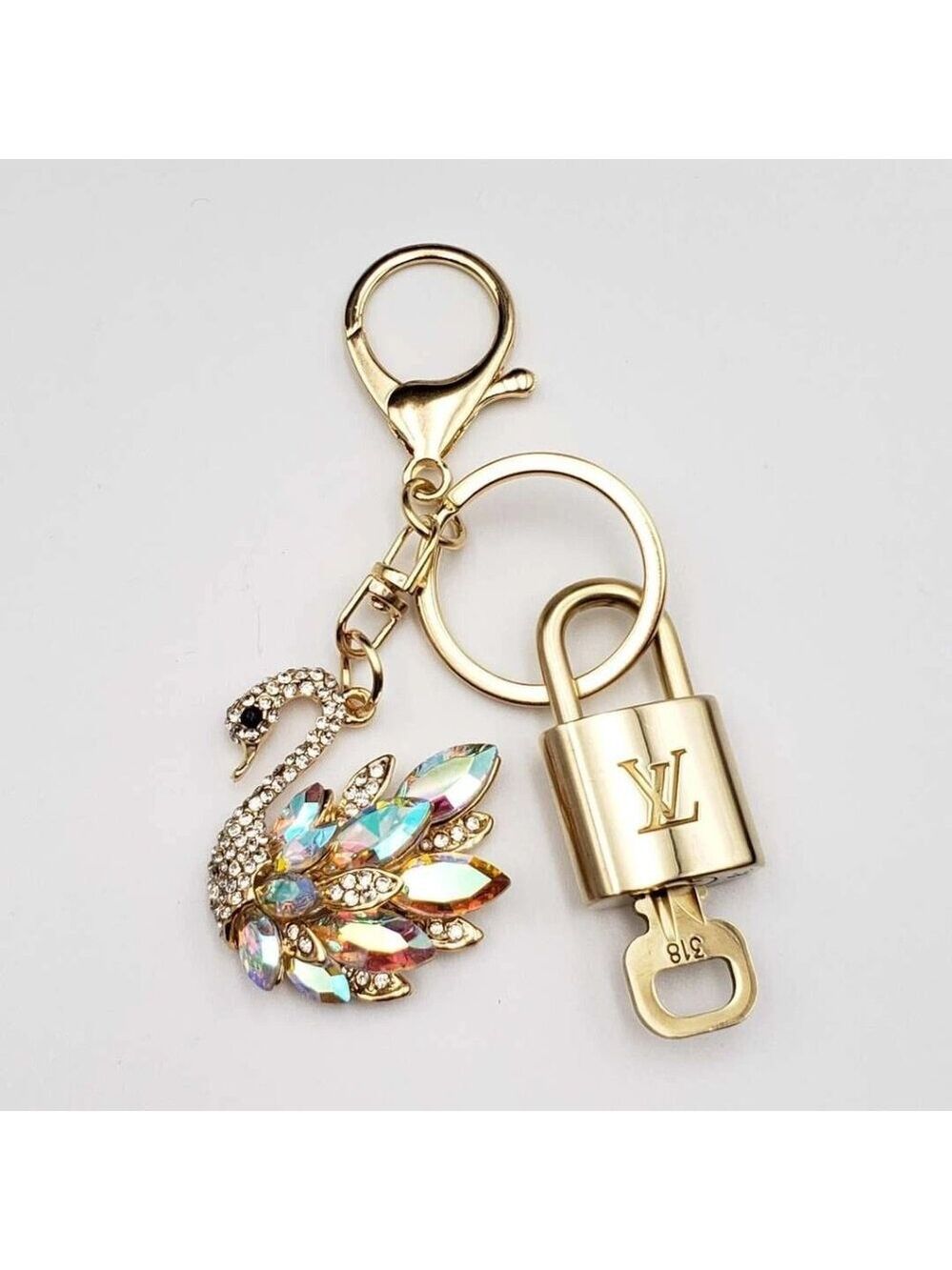 LV Gold Padlock Authentic 🔑 Luxury Bag Charm w/ Unbranded Swan Keychain